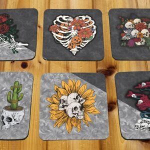 Coaster Set 6piece Decorative Skulls & Bones on Black / Silver Glam Background
