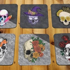 Coaster Set 6piece Decorative Skulls on Black / Silver Glam Background