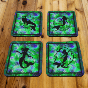 Coaster Set 4piece Green Mermaid Silhouettes